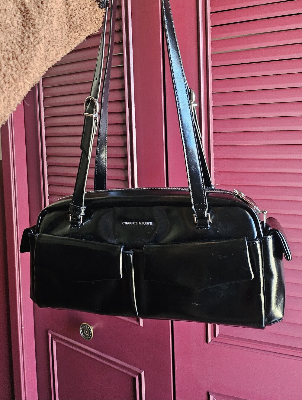 Rachel Bag - CHARLES & KEITH Black Patent Shoulder Bag with Front Pockets